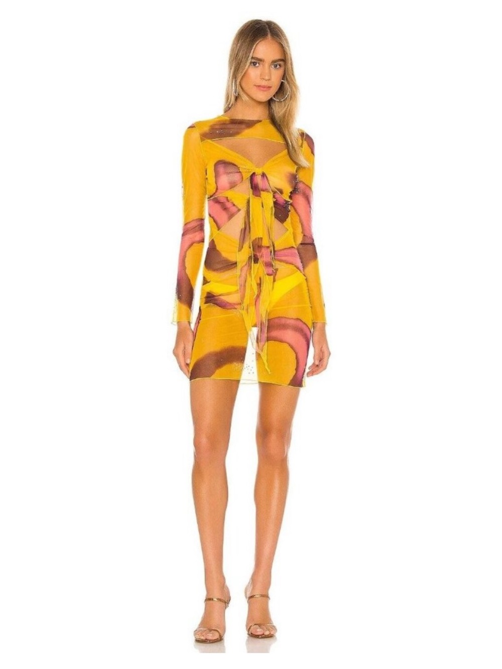 Kim Shui Yellow Tie-Front Long Sleeve Mini Dress S